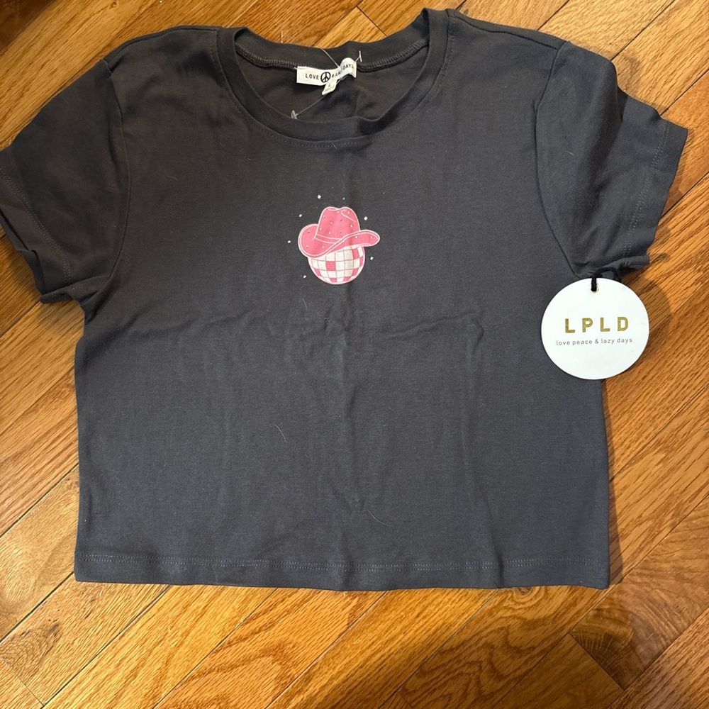 Black Crop Tee with Pink Cowboy Graphic